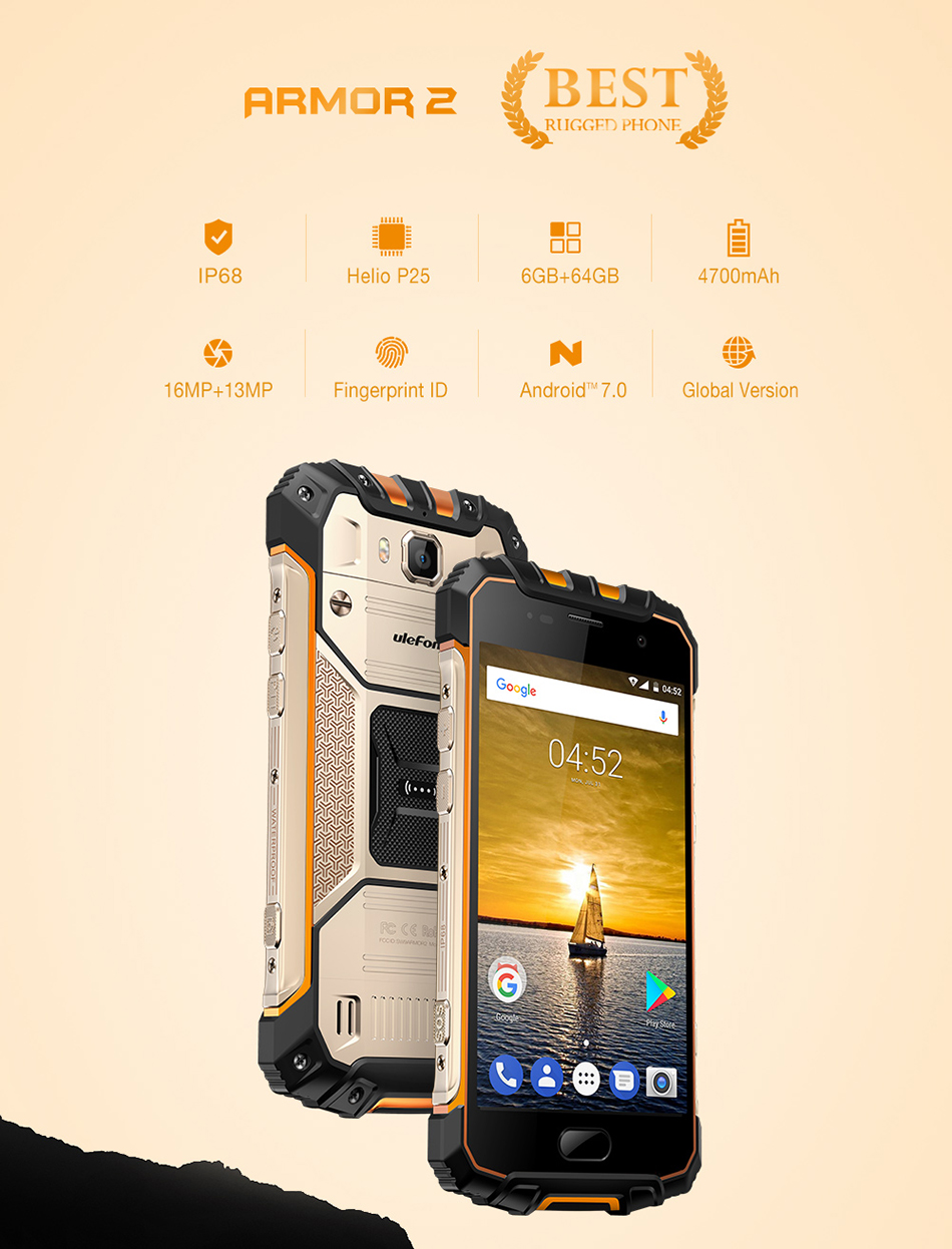 Ulefone Armor 2 5.0 Inch 6GB RAM 64GB ROM Helio P25 Octa-Core 2.6GHz 4G Smartphone