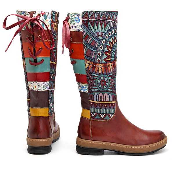 SOCOFY Embroidery Splicing Pattern Flat Leather Knee Boots - US$95.48