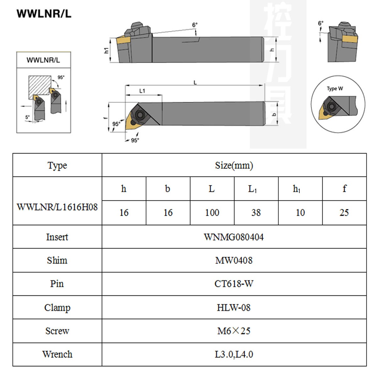 Drehmeißelhalter WWLNR1616H/K08 WWLNL1616H/K08 WNMG080404 Einsätze Wrench Kit 