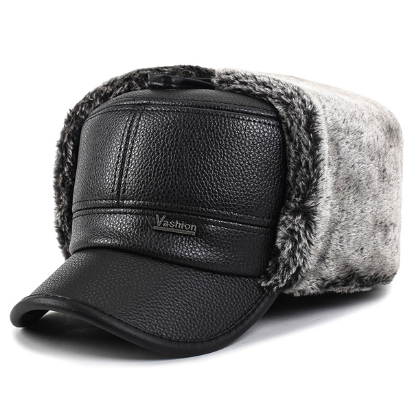

Unisex PU Leather Earflap Earmuff Military Hat Faux Fur Plush Linen Pilot Trapper Ruissan Cap