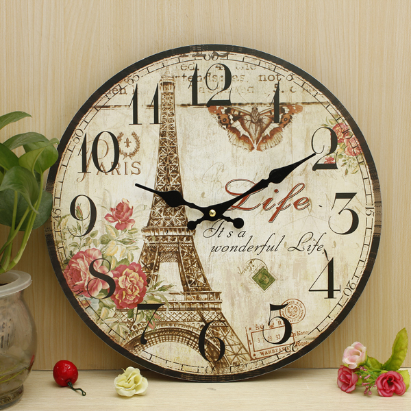 

Zakka Rustic Wall Clock Eiffel Tower Vintage Shabby Home Wall Office Cafe Bar Decor Art 30cm Gift
