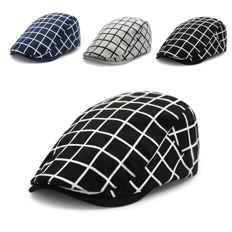 

Men's Women Cotton Grid Beret Hat Duckbill Ivy Newsboy Flat Cap Cabbie Gatsby Driving Hats