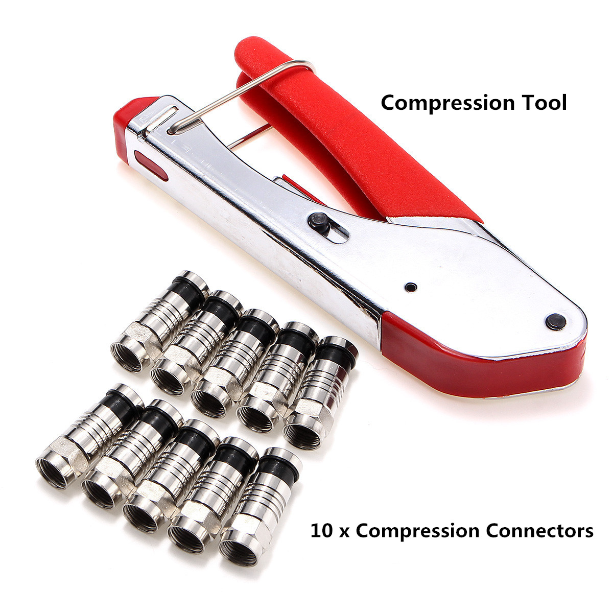 Universal F-Type Compression Tool Cable Coaxial Crimper Adapter+10 RG6 Connector 