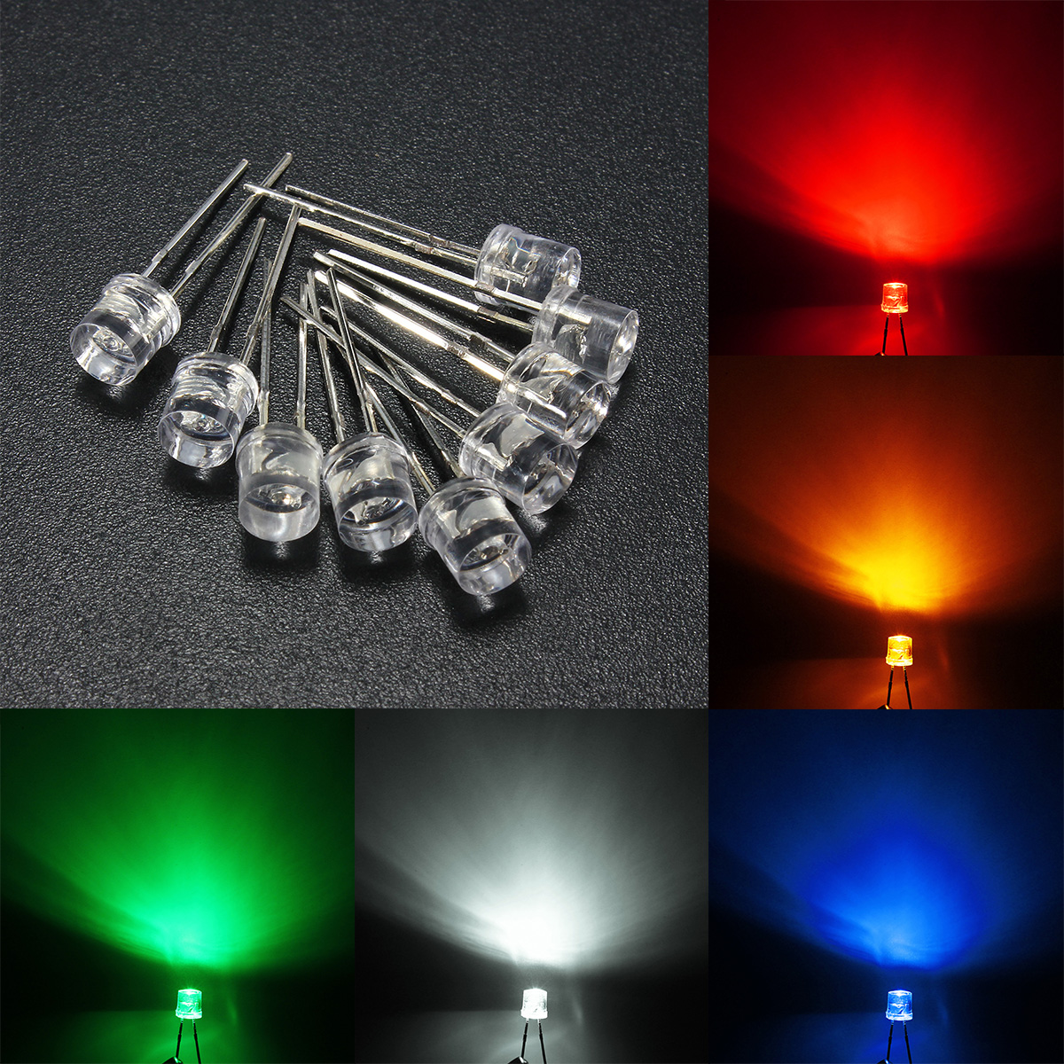 10pcs 5mm 5 Color Water Clear Flat LED Diodes Assortment DIY Light