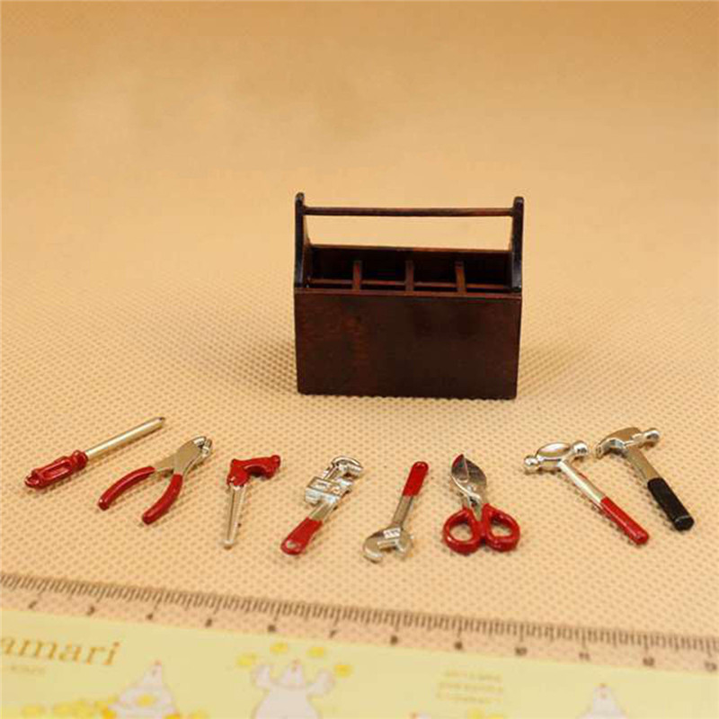 Casa de muñecas en miniatura de madera Caja de herramientas con herramientas de metal de 8 un Conjunto de 1:12 Juguetes De Muebles 