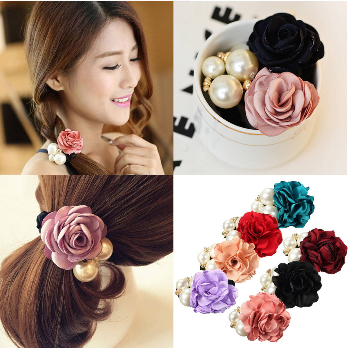 

Women Satin Ribbon Rose Flower Pearls Hairband Ponytail Holder Elastic Hair Band