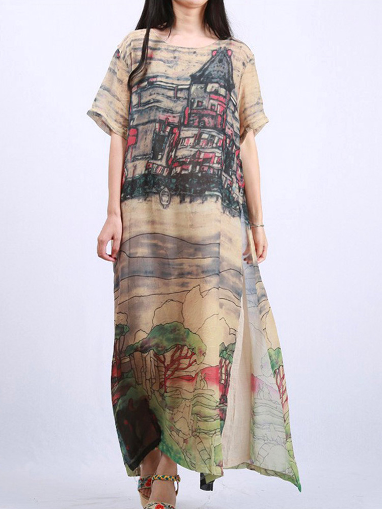 

ZANZEA Retro Women Dress Fake 2 Pieces Landscape Floral Maxi Dresses