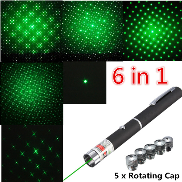 

6 In 1 5mw 532nm Powerful Green Laser Pointer Pen With 5 Star Cap Heads