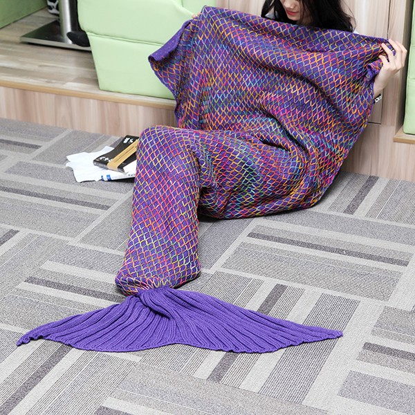 

185x90cm Yarn Knitted Mermaid Tail Blanket Multicolor Handmade Crochet Throw Super Soft Sofa Bed Mat