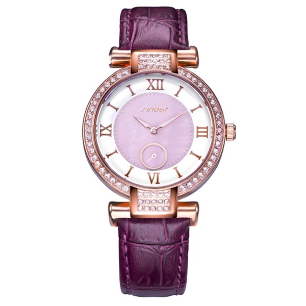 

SINOBI 8192 Fashion Style Diamond Case Ladies Women Watch Leather Roman Numerals Dial Quartz Watch