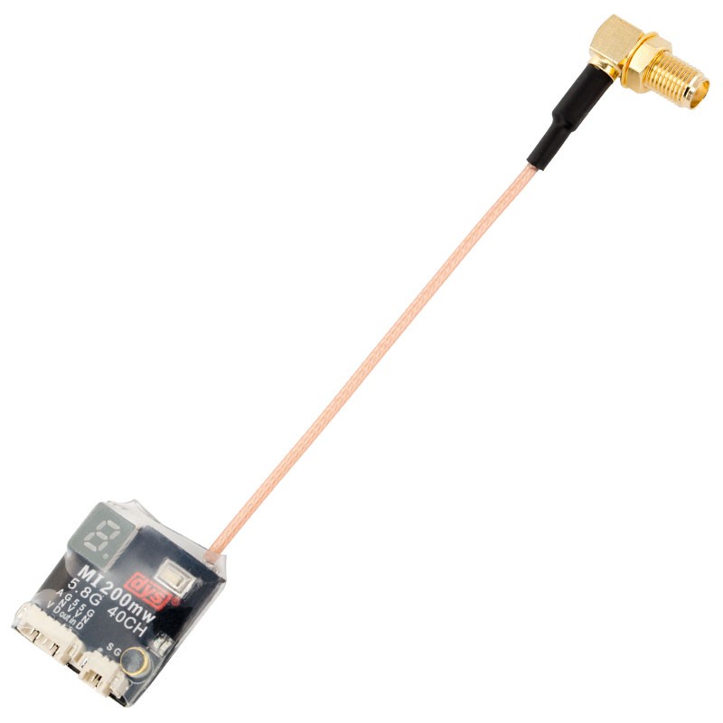 

DYS MI200MW Pigtail VTX25mW/200mW Switchable 5.8G 40CH AV FPV Transmitter SMA Right Angle Connector