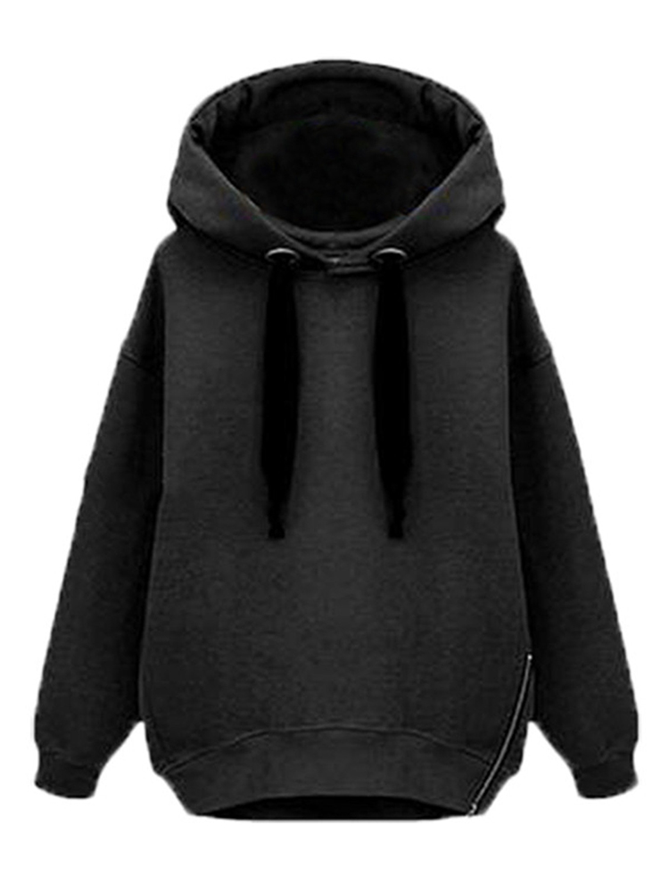 Black Zipper Solid Hood Loose Sweatshirt