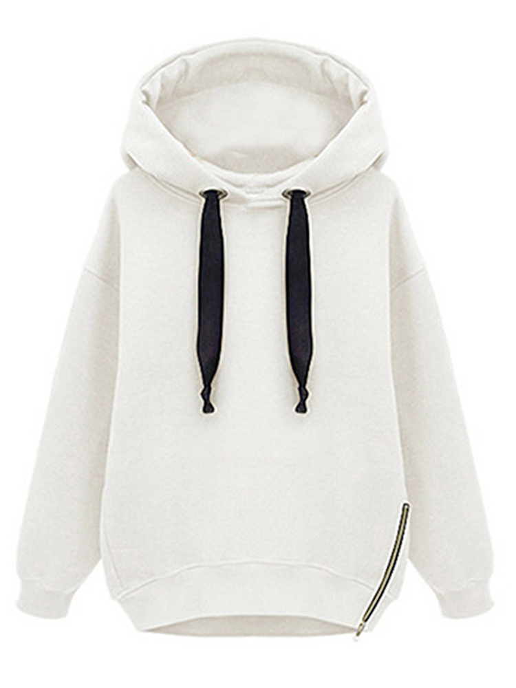 White Zipper Solid Hood Loose Sweatshirt
