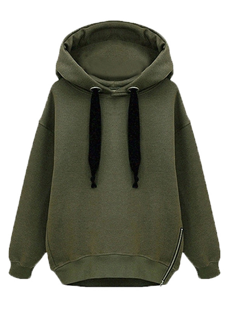 Greeen Zipper Solid Hood Loose Sweatshirt