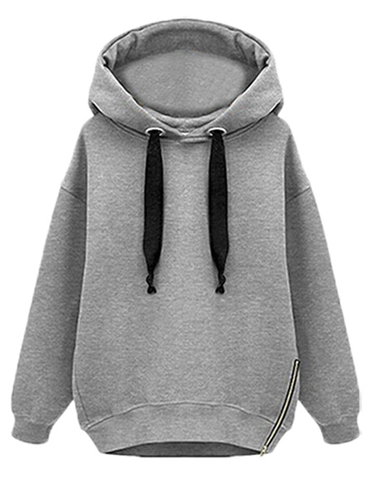Gray Zipper Solid Hood Loose Sweatshirt