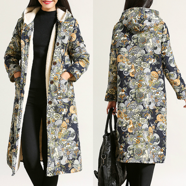 Floral Print Single Breasted Long Sleeve Hooded Coats for Women