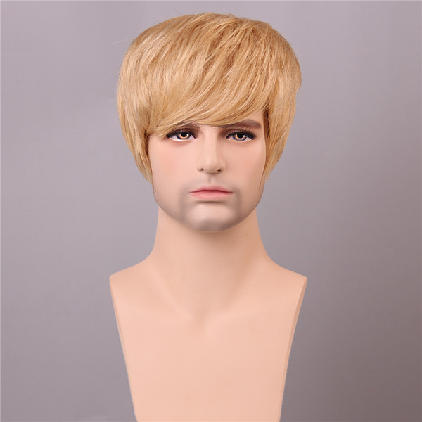 

Human Hair Wig Men Short Mono Top Male Virgin Remy Capless Side Bang Golden Brown with Blonde
