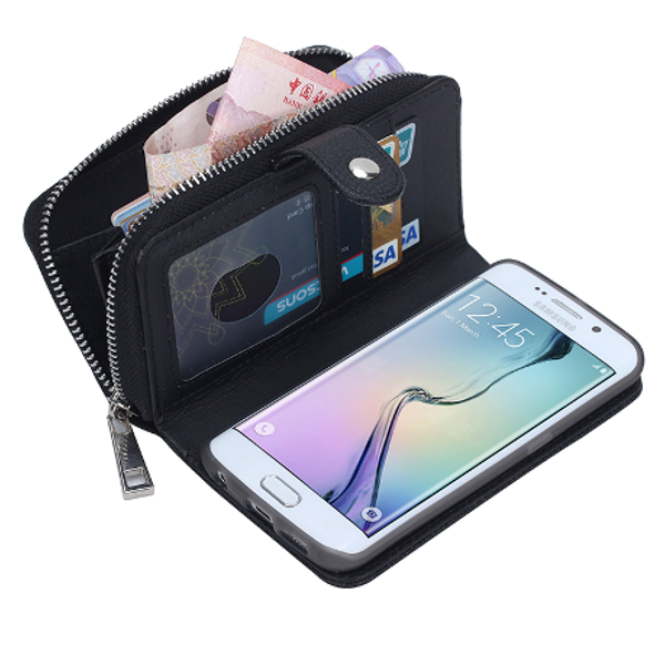 

Litchi Grain Wallet Case Card Zipper Leather Case Phone Cover for Samsung Galaxy S6 Edge