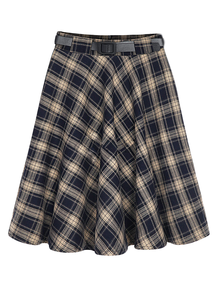 Plus Size Vintage Women High Waist Knee Length Plaid A-Line Skirt With ...