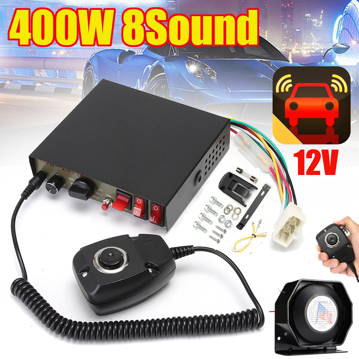 200W 8 Sound Loud Car Warning Alarm Police Fire Siren Horn PA Speaker MIC System 
