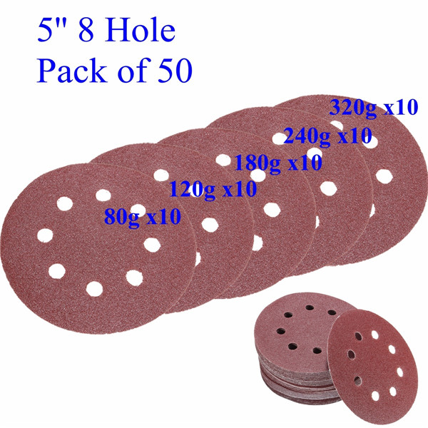 50pcs 5 Inch 8 Hole 80/120/180/240/320 Grit Sanding Disc Polishing Tool