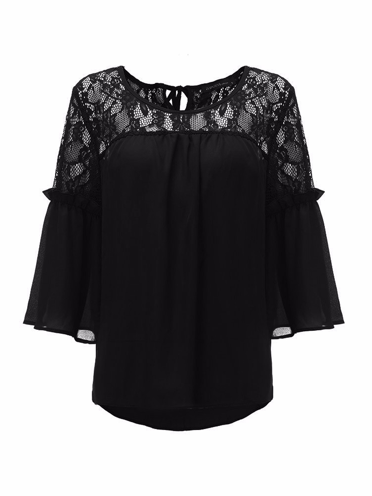 Women Lace Sheer Backless Hollow Out Patchwork 3/4 Sleeve Casual Chiffon Blouse