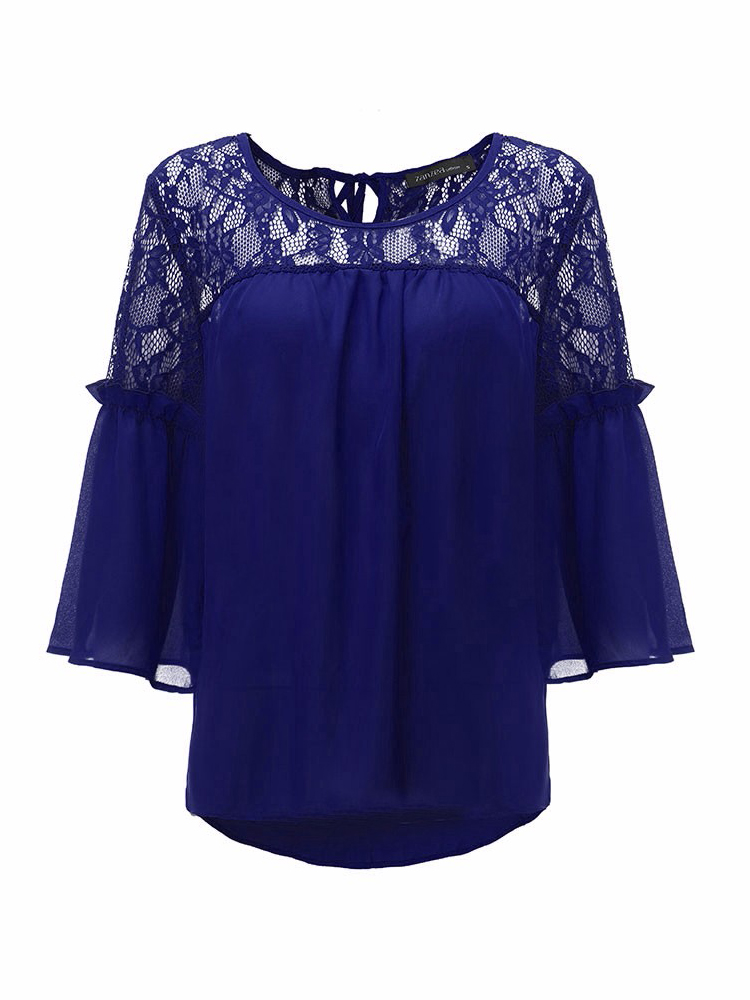 Women Lace Sheer Backless Hollow Out Patchwork 3/4 Sleeve Casual Chiffon Blouse
