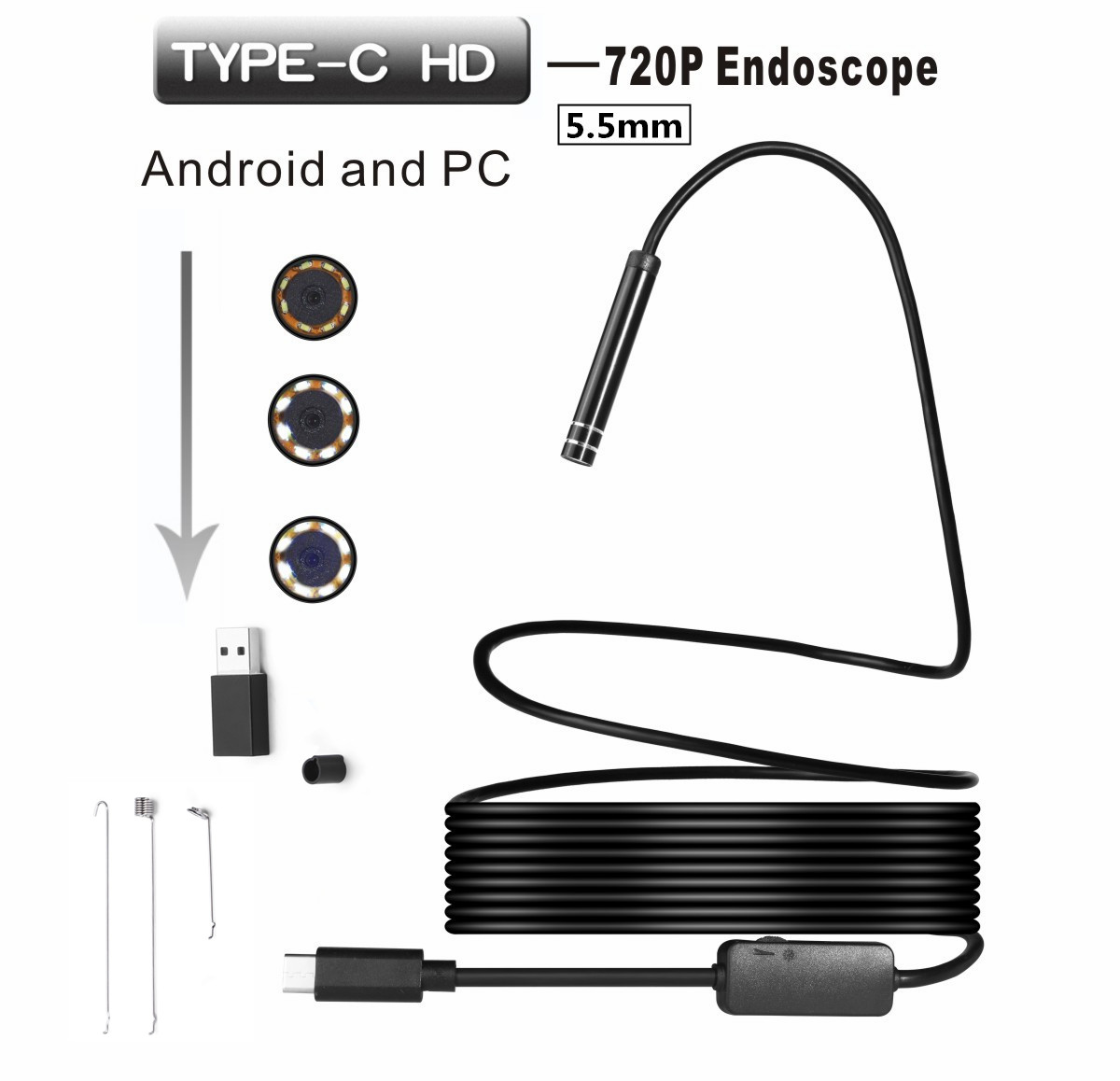 

5.5mm 6LED Waterproof Rigid Free Bending Type C Endoscope Borescope Inspection HD Camera for Xiaomi Samsung PC