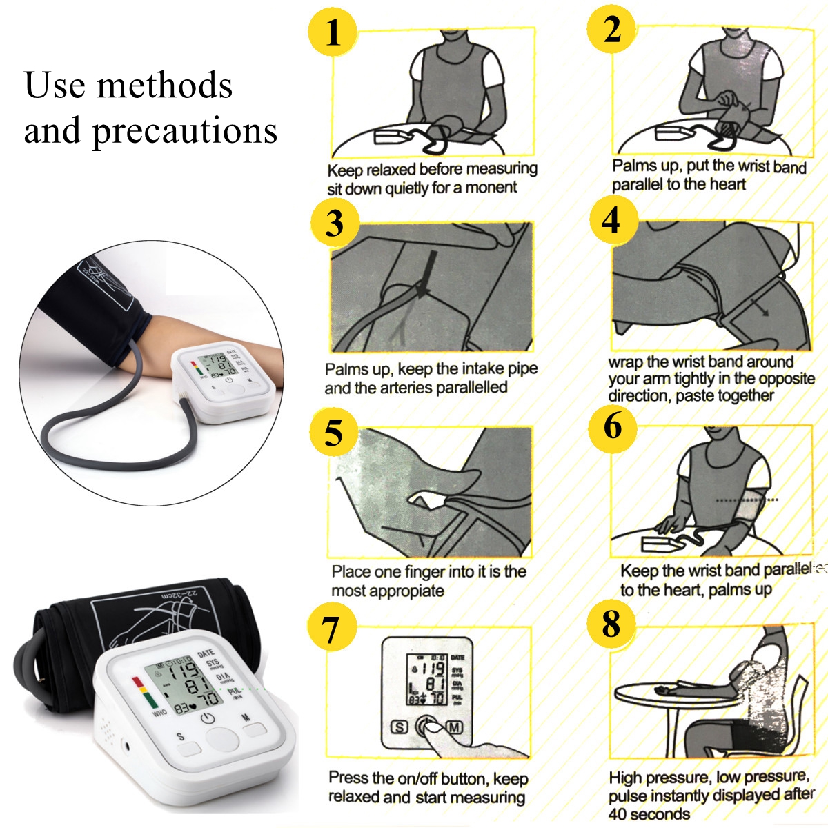 Автоматическое цифровое жидкокристаллическое кровяное давление Сердце Beat Pulse Монитор Верхний кронштейн Манжеты