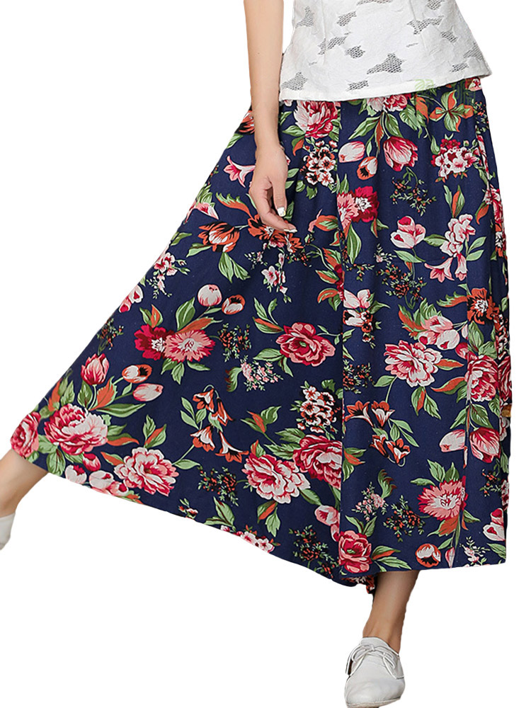 Folk Style Women High Waist Floral Printed Linen Irregular Wide Leg ...