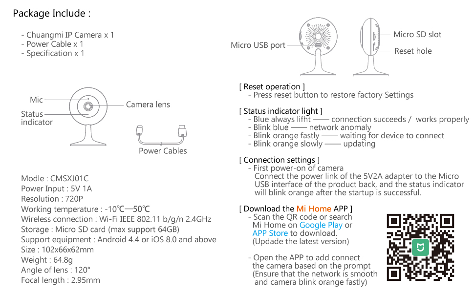 Especificaciones tecnicas y generales de la Camara Xiaomi MIjia CHUANGMI Smart Home Security