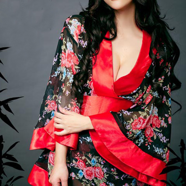 

Women Sexy Deep V Exposed Breast Flower Printing Lingerie Seducing Kimono