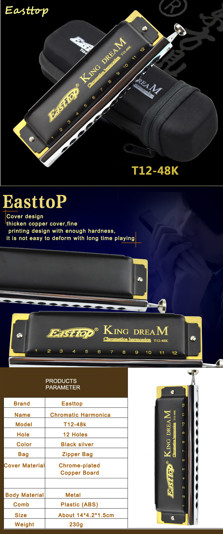 Easttop 12 Hole 48 Tone C Key Chromatic Harmonica Golden Dreamer T12-48K - Photo: 1