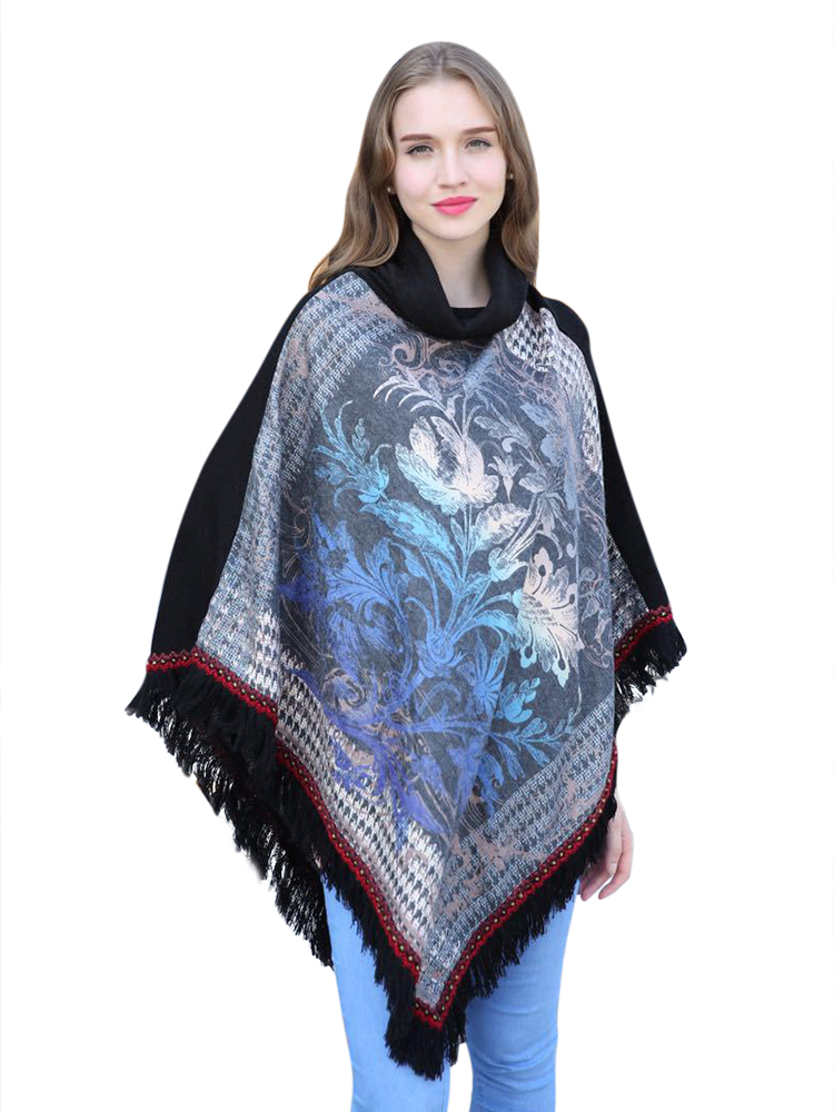 

Casual Women Loose Printed Tassel Turtleneck Pullover Shawl Cloak