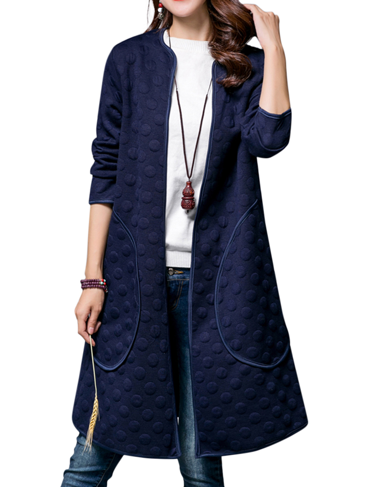 

O-NEWE L-5XL Casual Elegant Women Dots Long Sleeve Cardigan Coat