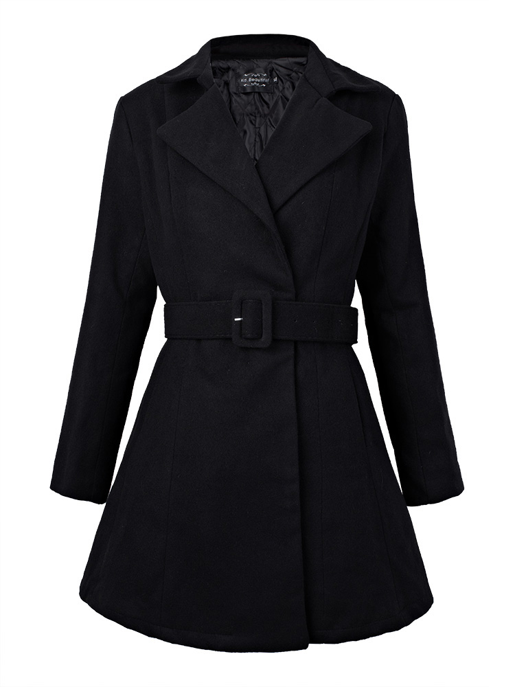 Plus Size Women Elegant Pleated Solid Lapel Long Sleeve Woolen Coat at ...