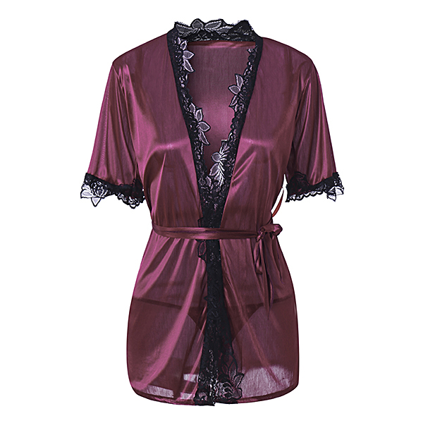 

Sexy Lace Hem Elegant Silky Sleepwear Waist Chalaza Temptation Kimono Bathrobe Suit