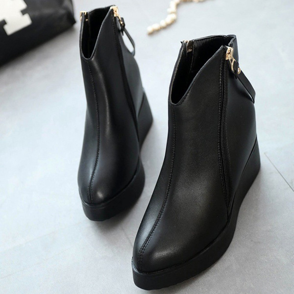 Women Black Wedge Zipper Ankle Boots Leather Shoes Platform Hidden ...