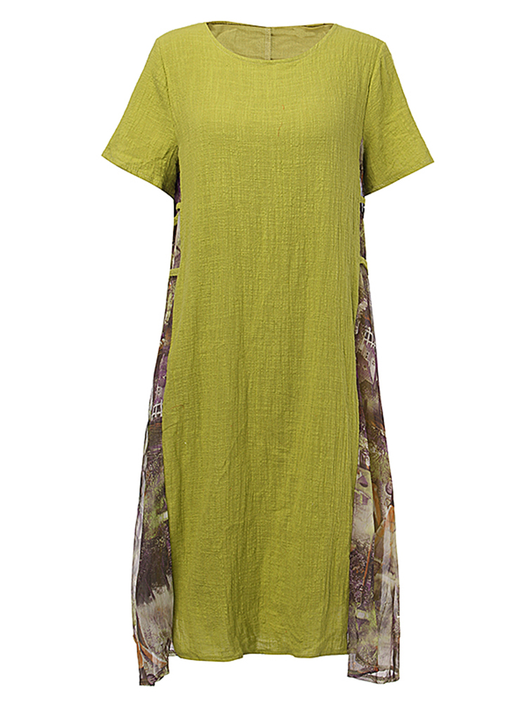 Loose Women Printing Patchwork Short Sleeve Cotton Linen Dress at Banggood