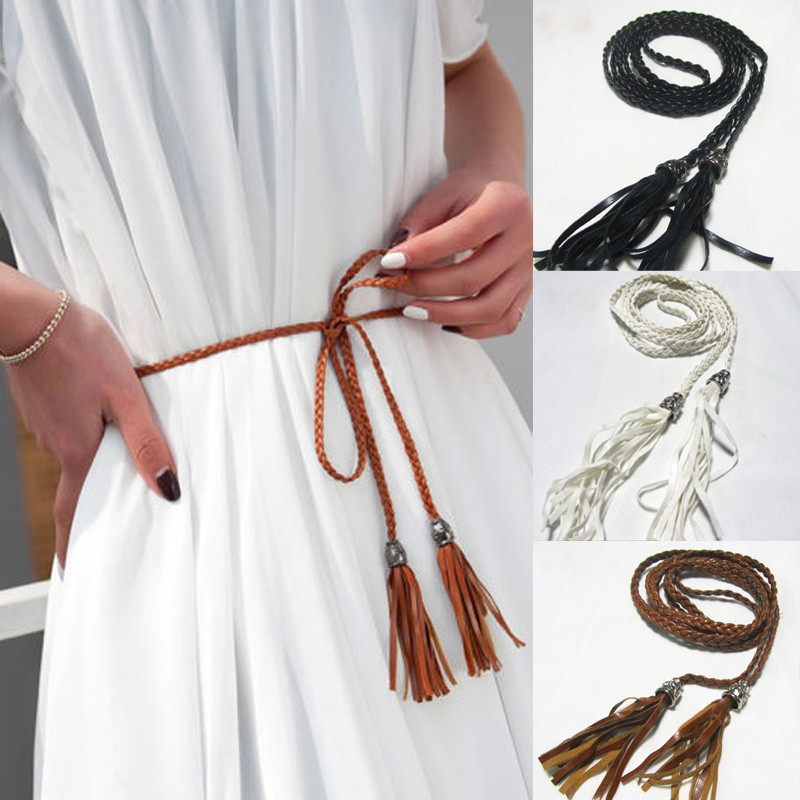 

Women Ladies Waist Chain Belt Braided Tassels Thin Wild Bow Rope Knotted Decorative Waistband