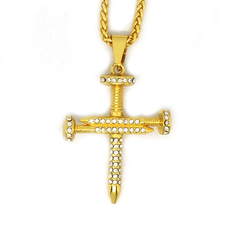Fashion Rhinestone Nail Pendant Hip Hop Cross Necklace for Men