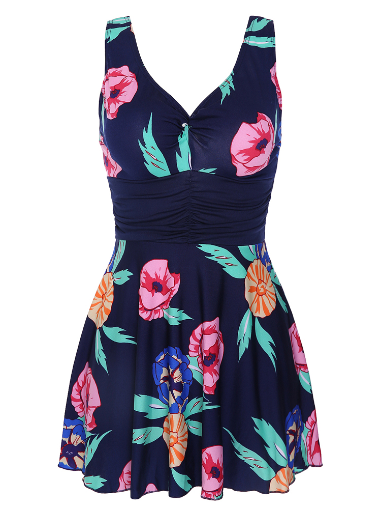 

Women V Neck Sleeveless Floral Blooming Pattern Backless Ruffle Breathable Swimdresses