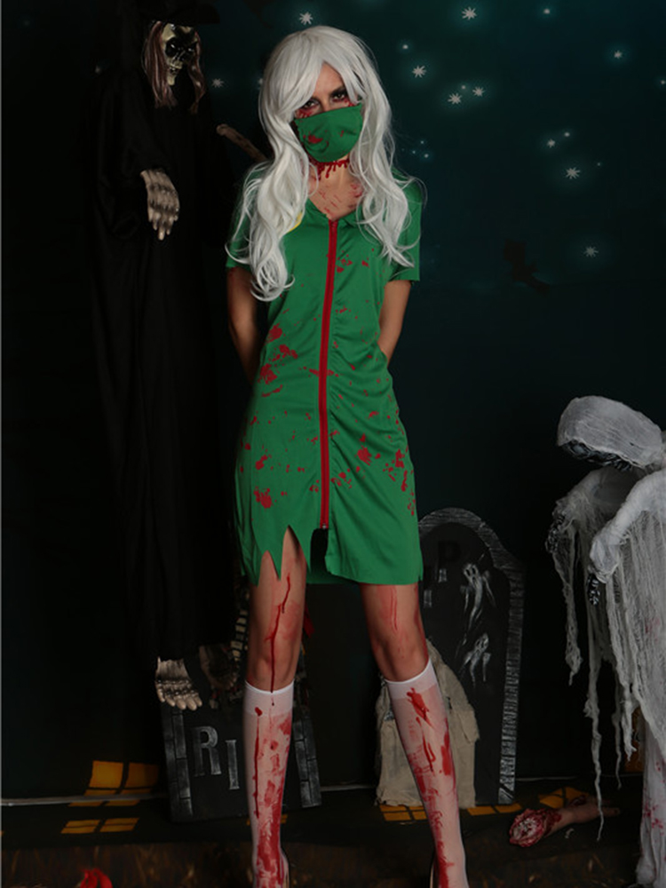 Halloween Sexy Nurse Costume Women Zipper Zombie Vampires Cosplay Dress. 