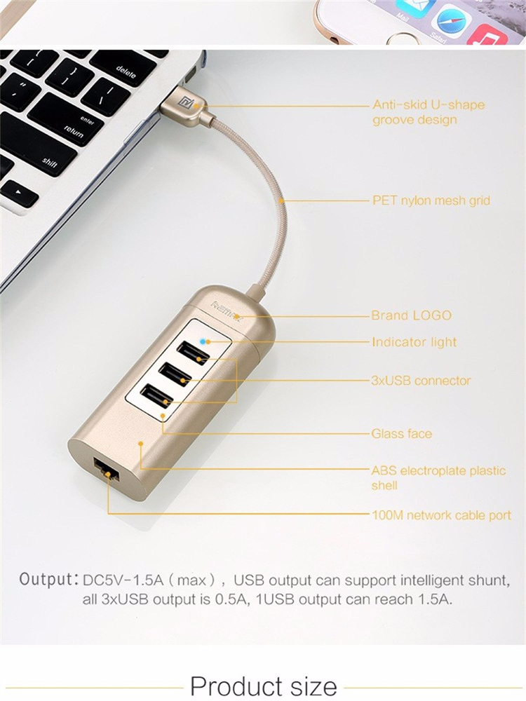 Original Remax Cati RU-U4 High Speed 3 USB2.0 Ports and Network Port USB Hub
