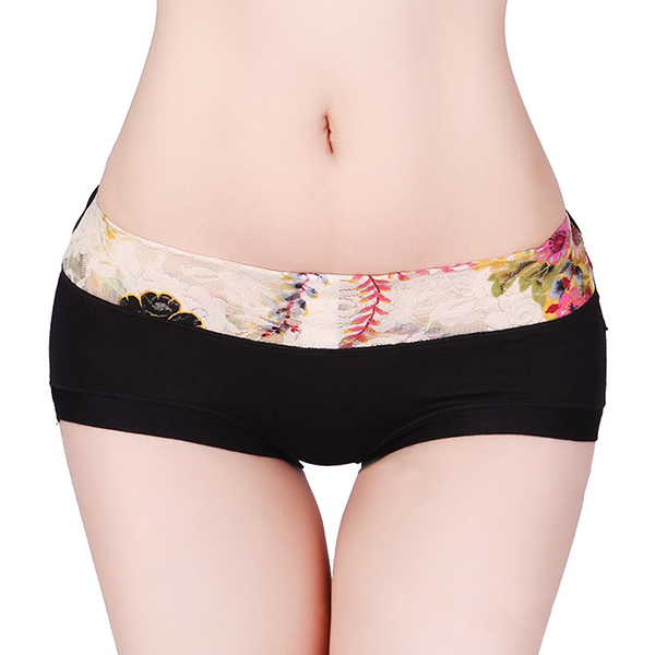 

Women Comfort Mid Waist Boyshorts Floral Printed Lace Hips Up Breathable Panties Briefs