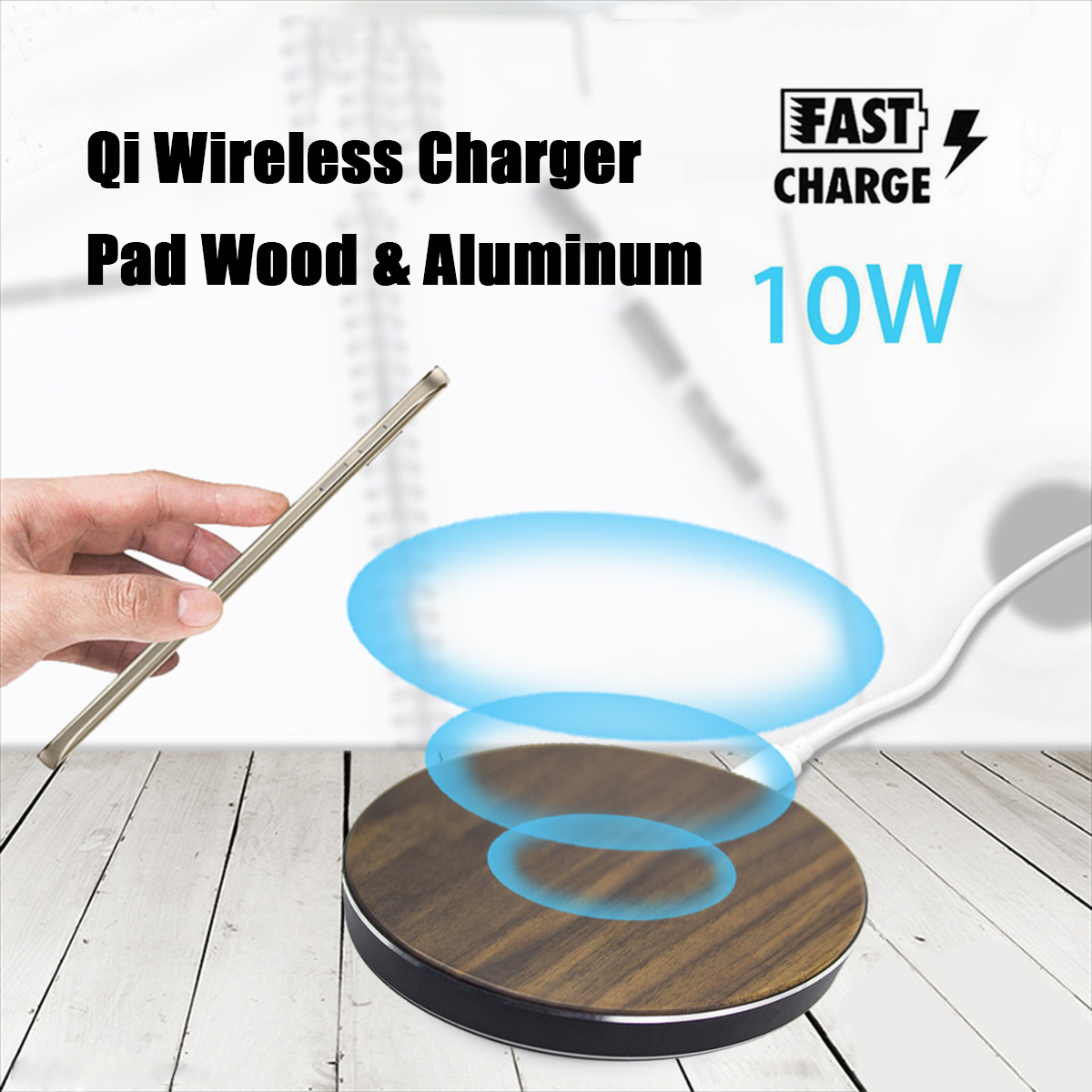 10W Qi Wireless Metal Wooden LED Fast Desktop Charger Pad for iPhone X 8 Plus S8 S9 Note 8