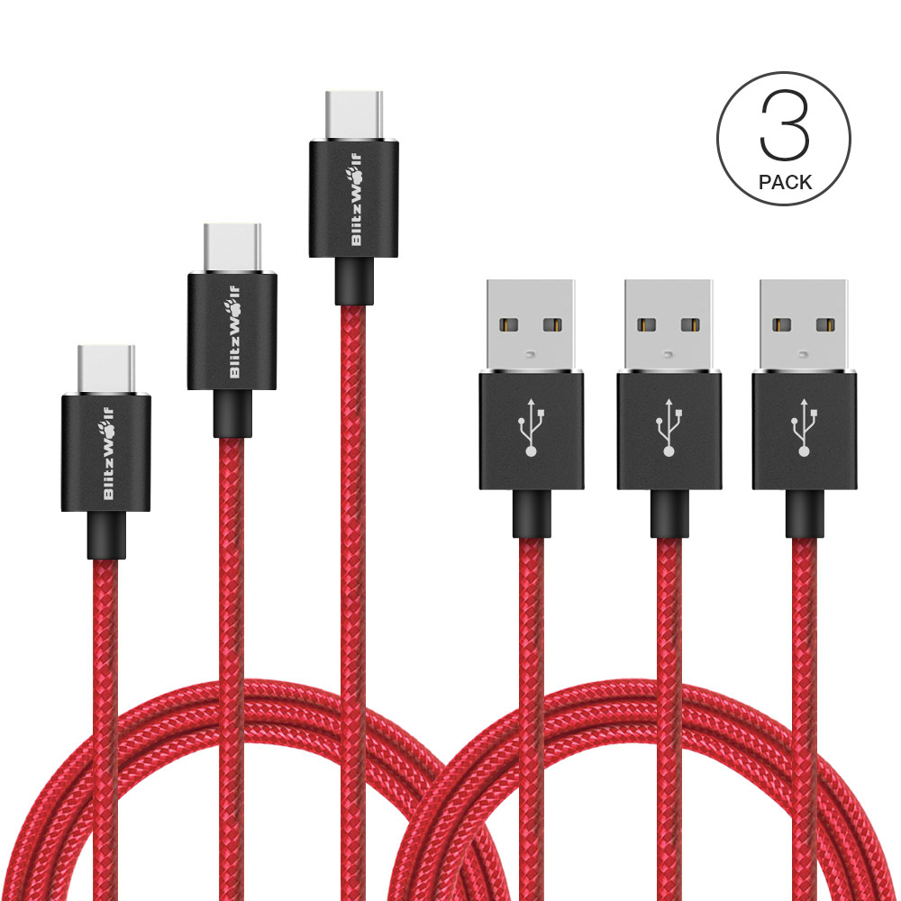 

3Pack BlitzWolf® BW-TC1/2/3 3.33ft 6ft 8.2ft/1m 1.8m 2.5m USB Type-C Braided Cable With Magic Tape Strap