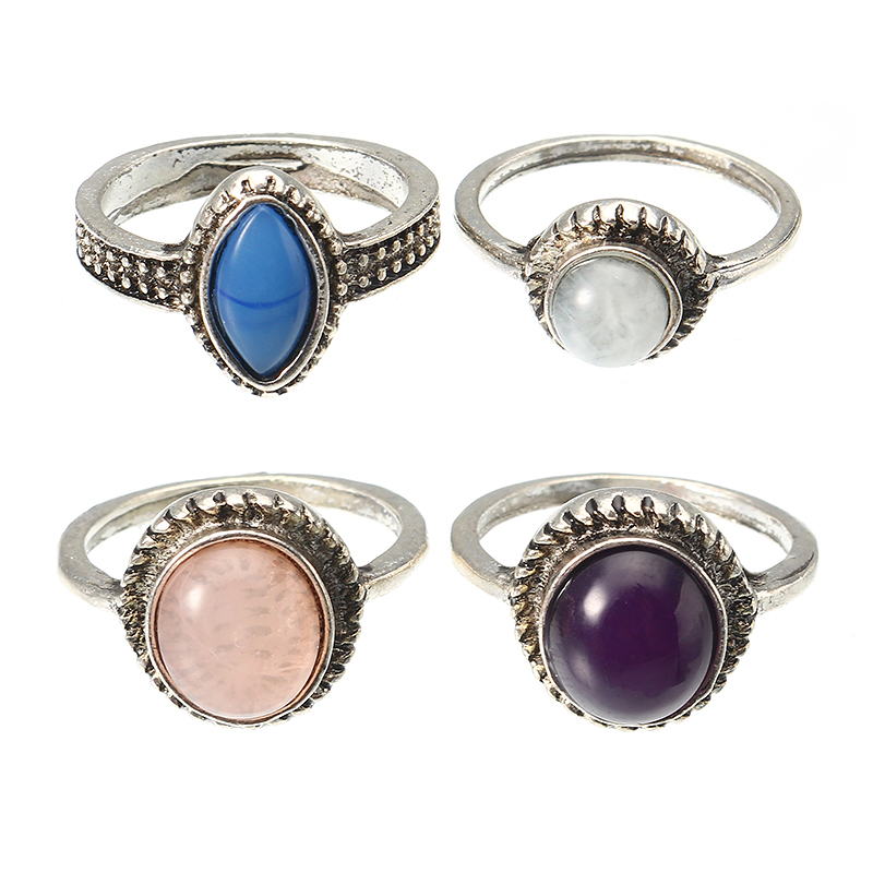 

4 Pcs Bohemian Retro 4 Color Round Resin Ring Set Jewelry for Women