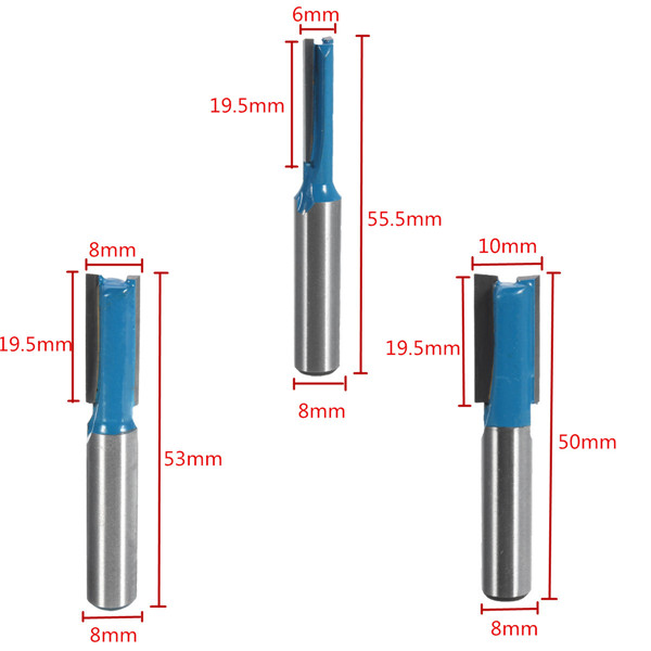 Quality 8mm Shank Straight Router Bit Set Milling Trimmer Cutter Diameter 6-20mm 