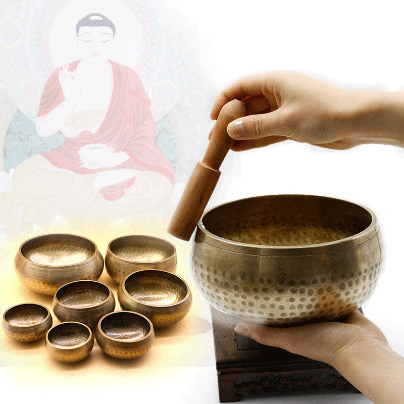 

95mm Tibetan Buddhist Chakra Yoga Resonance Singing Bowl Brass Healing Meditation Hammered Stick